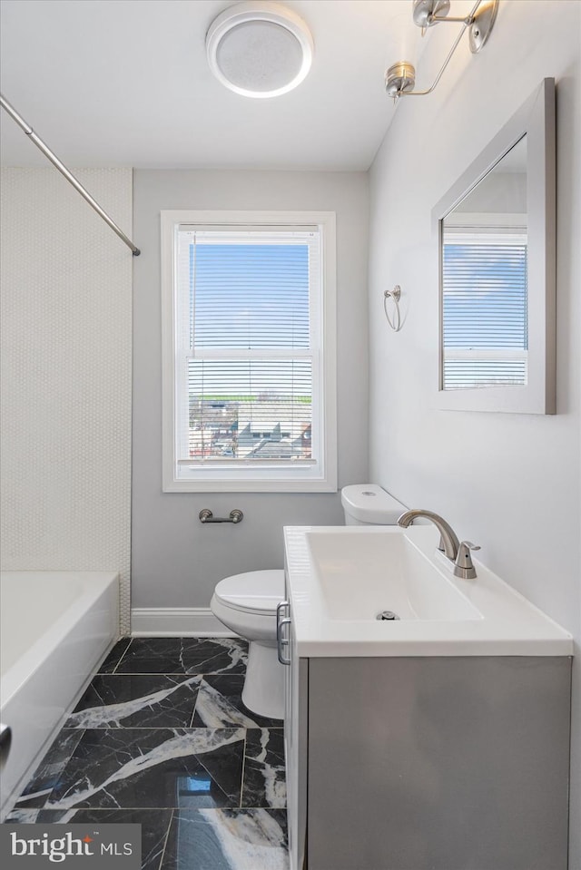 full bathroom featuring vanity, shower / bathtub combination, and toilet