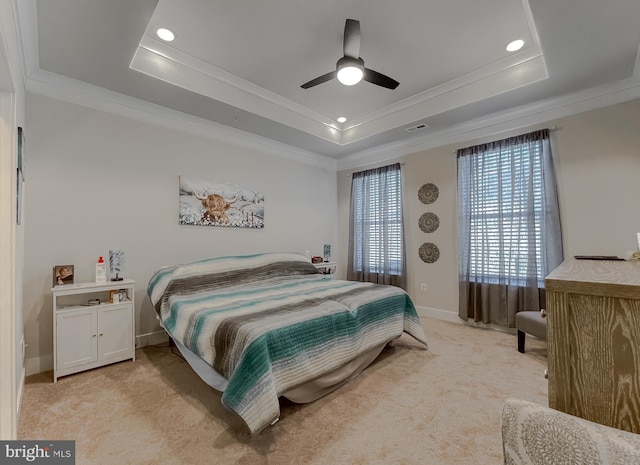 bedroom with light colored carpet and a raised ceiling