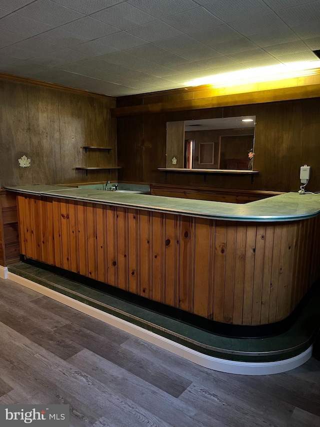 bar with dark wood-type flooring