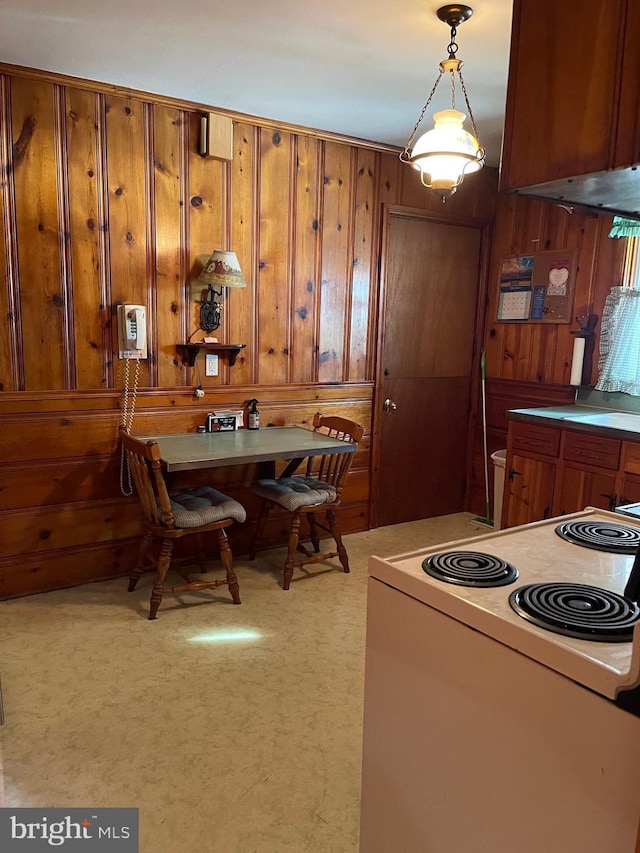 kitchen with wooden walls, decorative light fixtures, and white electric range oven