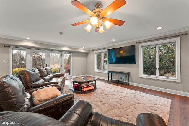 living room featuring crown molding, dark wood-type flooring, and ceiling fan