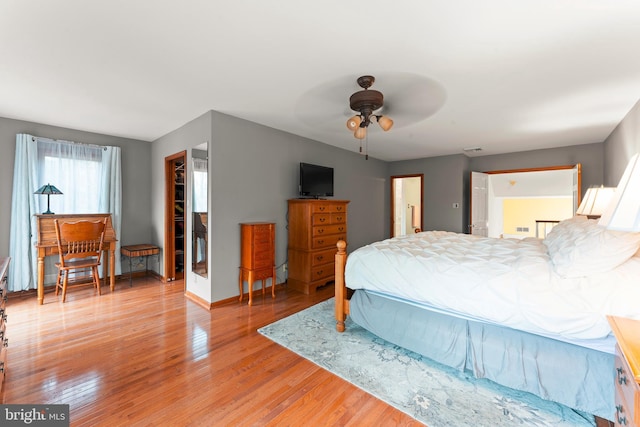 bedroom with hardwood / wood-style flooring, a walk in closet, ceiling fan, and a closet