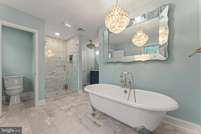 full bathroom featuring separate shower and tub, vanity, toilet, and a chandelier