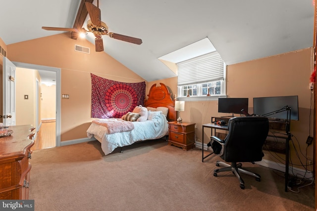 bedroom featuring lofted ceiling with beams, ceiling fan, and carpet floors