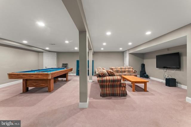 game room with light colored carpet and billiards