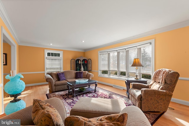 living room featuring ornamental molding and light wood-type flooring