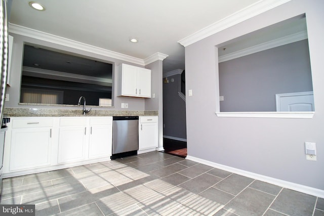 kitchen featuring sink, crown molding, light stone counters, dishwasher, and white cabinets