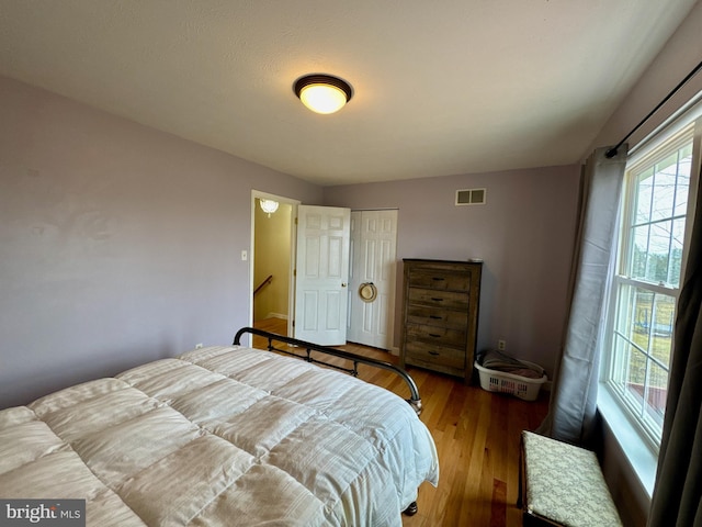 bedroom featuring wood-type flooring and a closet