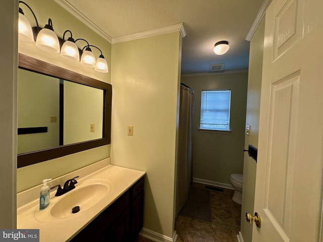 bathroom featuring crown molding, vanity, toilet, and curtained shower