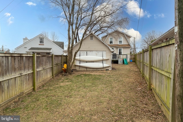 back of house with a fenced backyard and a yard