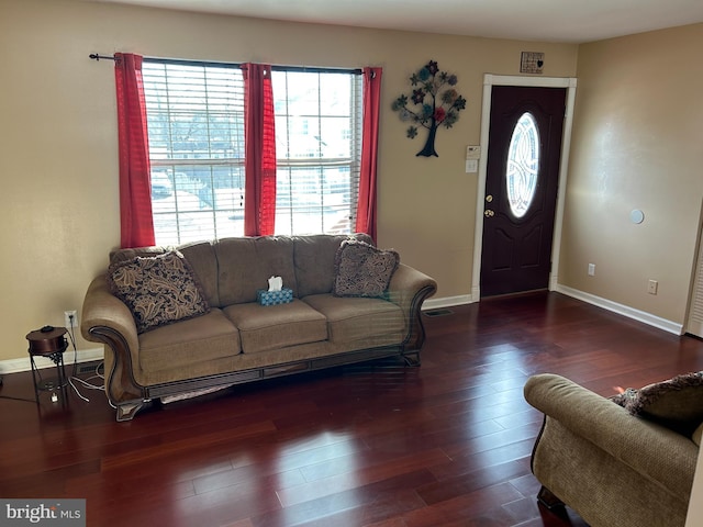 living room with dark hardwood / wood-style floors