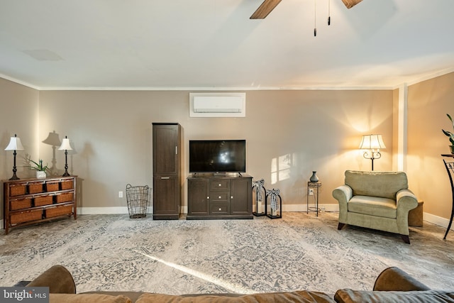 living room featuring ornamental molding and ceiling fan