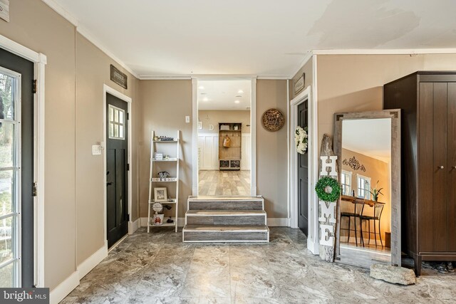 entryway featuring crown molding and a wealth of natural light