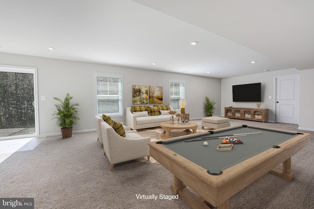 rec room with light carpet and billiards