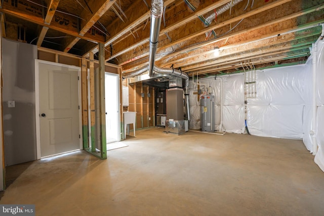 basement with water heater, sink, and heating unit