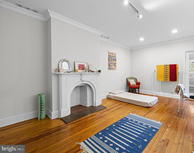 interior space featuring crown molding, rail lighting, and wood-type flooring