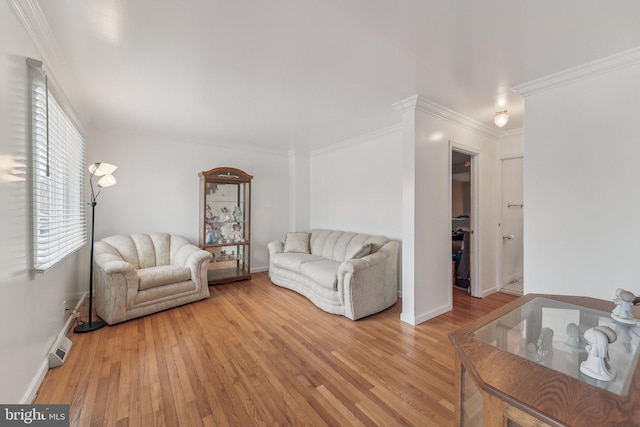 living room featuring ornamental molding and light hardwood / wood-style floors