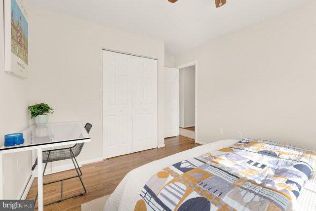 bedroom featuring wood-type flooring and a closet