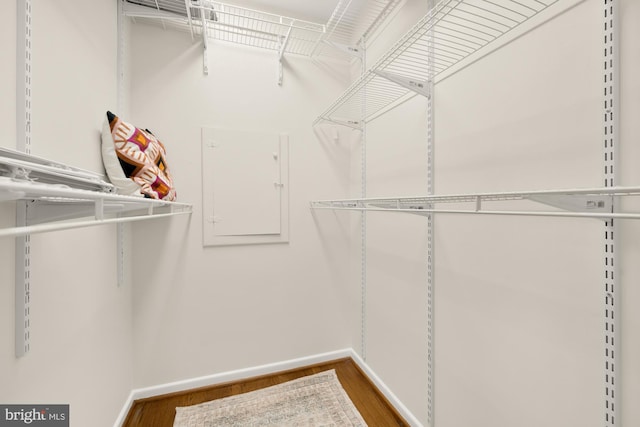 walk in closet with wood-type flooring