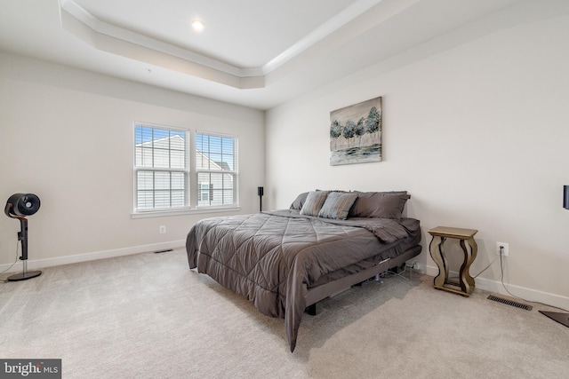 carpeted bedroom featuring a raised ceiling