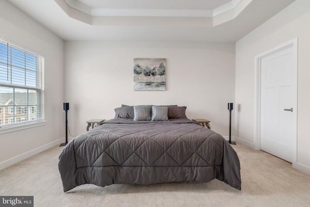 bedroom featuring a raised ceiling and light carpet