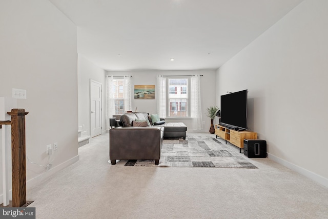 living room with light colored carpet