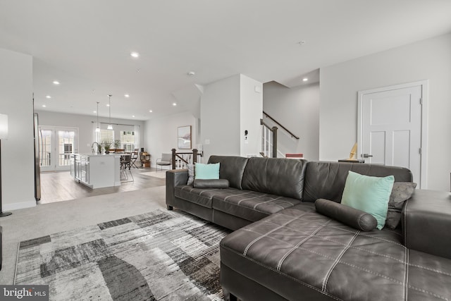 living room featuring hardwood / wood-style flooring and sink