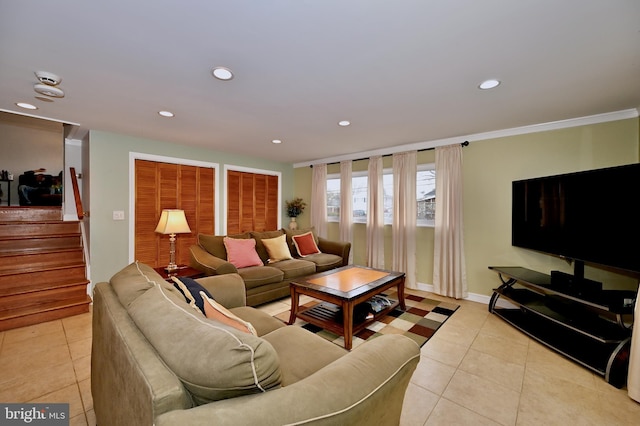 tiled living room featuring ornamental molding