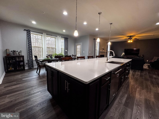 kitchen with dark wood-type flooring, open floor plan, a sink, an island with sink, and dark cabinets