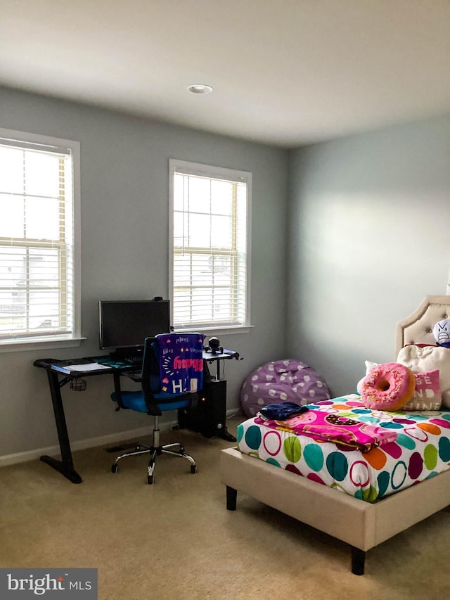 bedroom with carpet, multiple windows, and baseboards