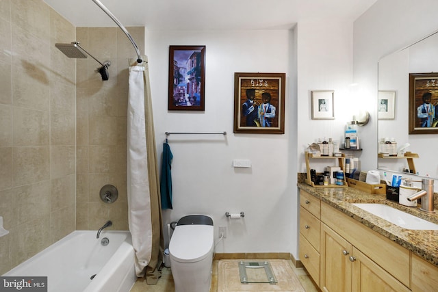 full bathroom featuring shower / bath combination with curtain, vanity, and toilet