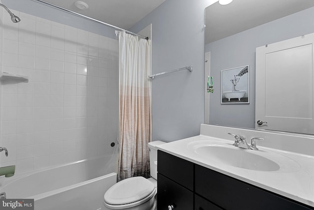 bathroom with toilet, shower / bath combo with shower curtain, and vanity