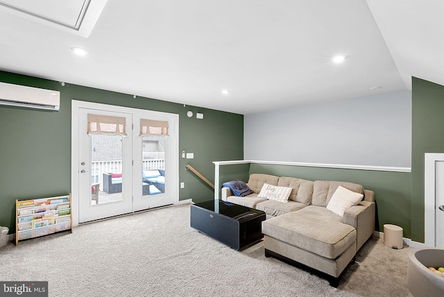 living room featuring recessed lighting, light colored carpet, baseboards, vaulted ceiling, and an AC wall unit