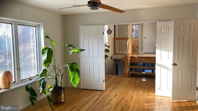 interior space with ceiling fan, a healthy amount of sunlight, and light hardwood / wood-style flooring