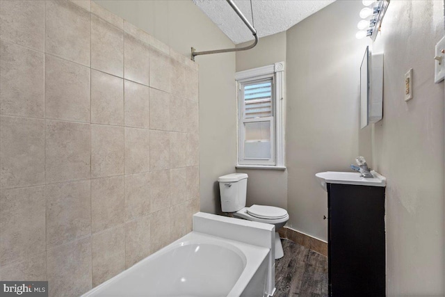 bathroom with vanity, toilet, and wood-type flooring