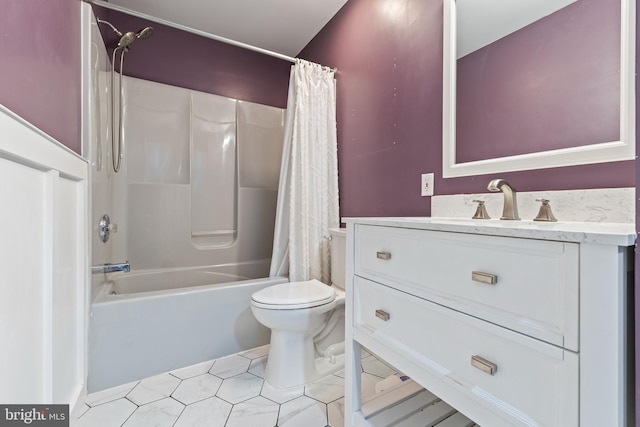 full bathroom with shower / bath combination with curtain, tile patterned floors, vanity, and toilet