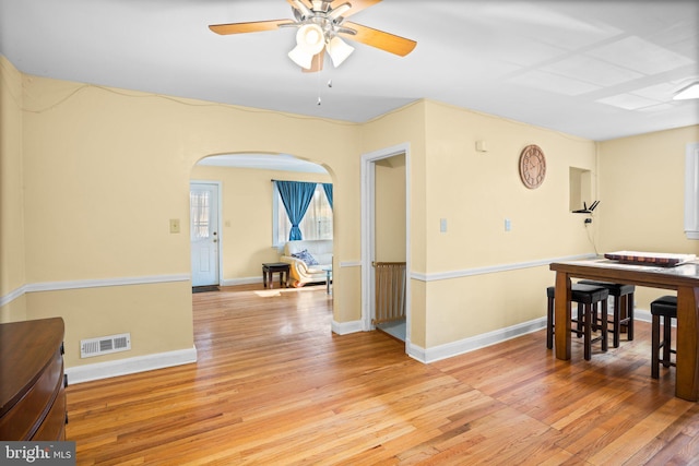 dining area featuring ceiling fan and light hardwood / wood-style floors