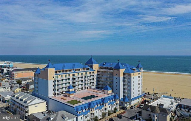 aerial view featuring a beach view and a water view