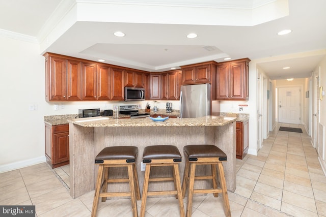 kitchen featuring appliances with stainless steel finishes, a kitchen island with sink, light stone counters, a tray ceiling, and crown molding