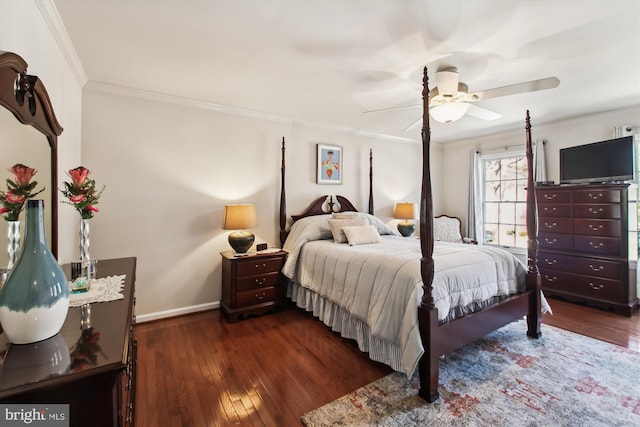 bedroom featuring crown molding, ceiling fan, and dark hardwood / wood-style flooring