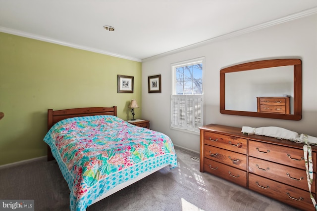 carpeted bedroom featuring ornamental molding