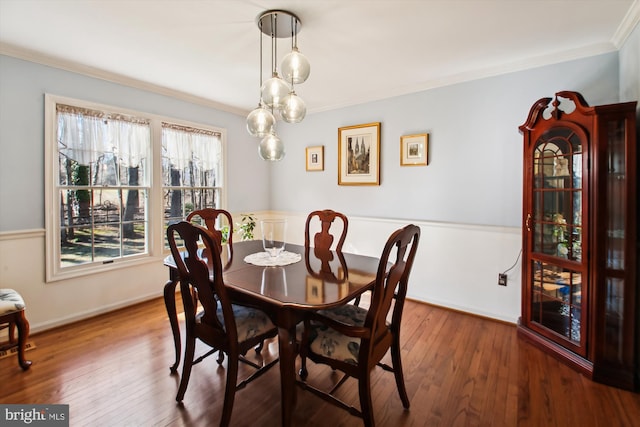 dining area featuring crown molding and dark wood-type flooring