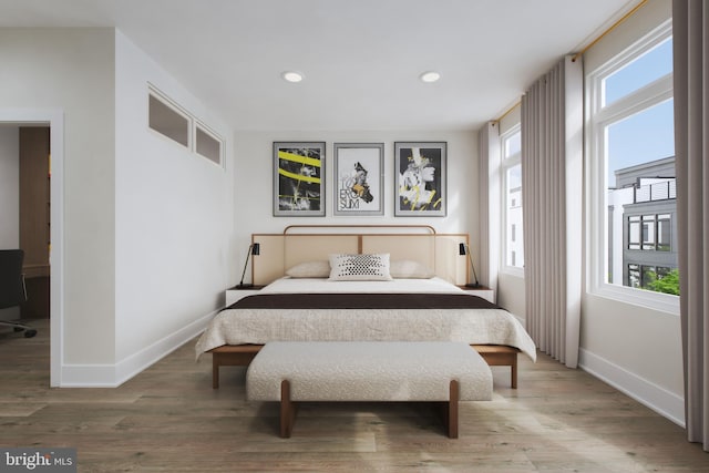 bedroom featuring multiple windows and hardwood / wood-style flooring