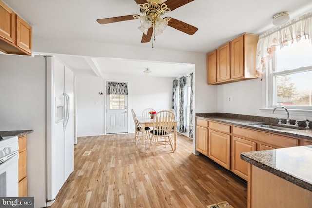 kitchen featuring a healthy amount of sunlight, sink, white appliances, and light wood-type flooring