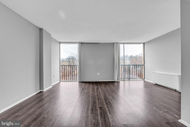 empty room with expansive windows and dark wood-type flooring