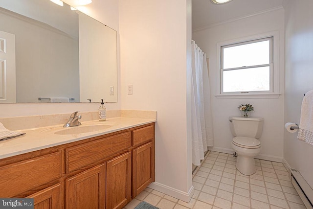 bathroom with vanity, a baseboard heating unit, ornamental molding, and toilet