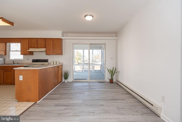 kitchen with ornamental molding, a baseboard heating unit, electric range oven, and kitchen peninsula