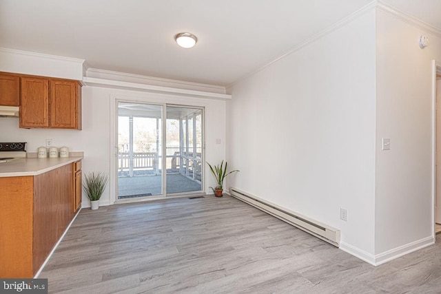 kitchen with a baseboard heating unit, crown molding, electric range oven, and light wood-type flooring