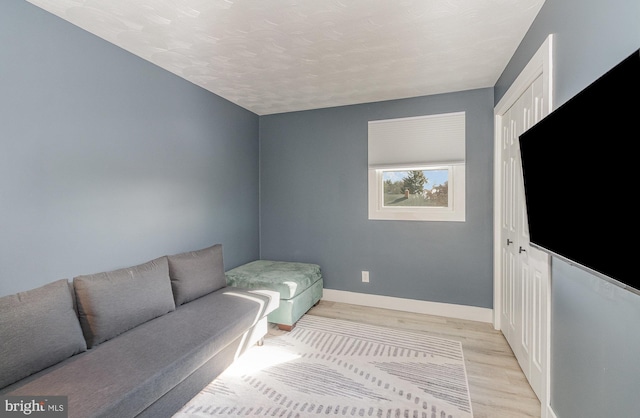 living room with light hardwood / wood-style flooring and a textured ceiling