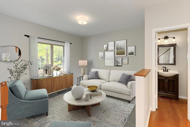 living room with hardwood / wood-style flooring and sink